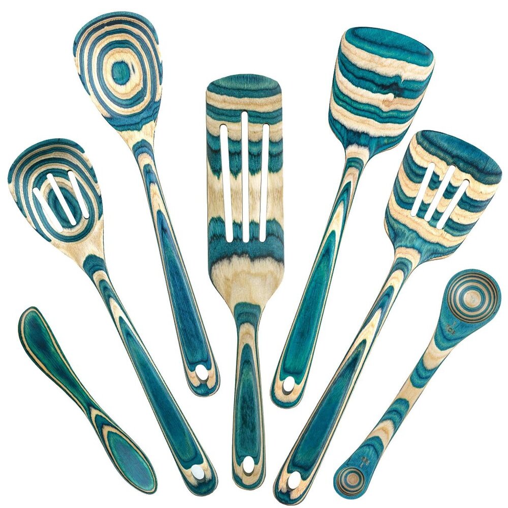 New BALTIQUE Mykonos Collection 7-Piece Utensil Set.  Tan / Blue Striped Spatula